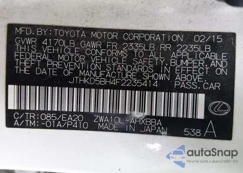 2015 Lexus Ct 200H z USA, uszkodzony, nr VIN JTHKD5BH4F2235414